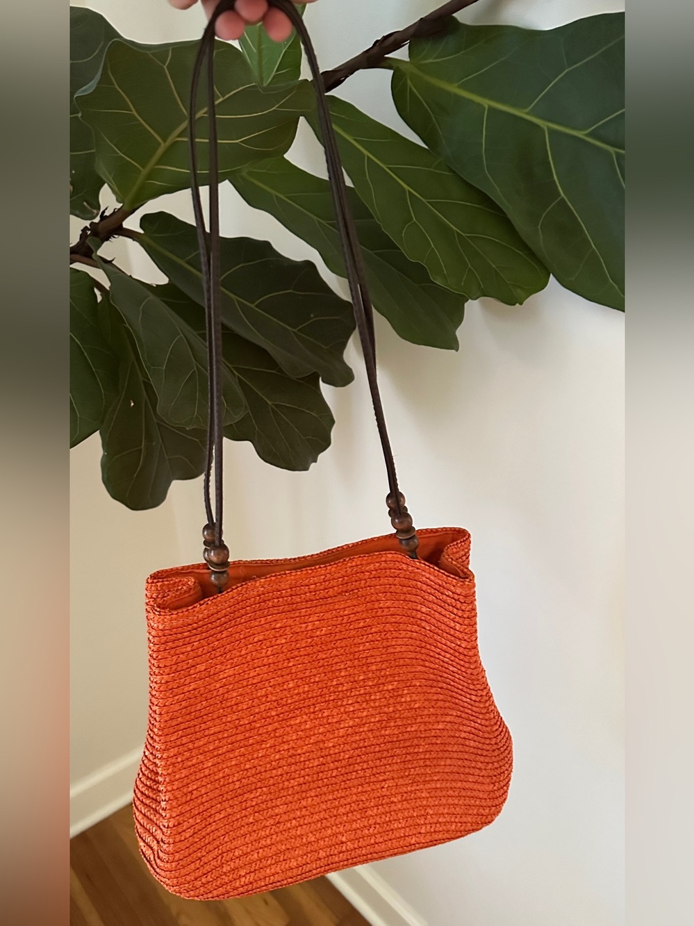 Orange Straw Bag Wooden Beads Vintage